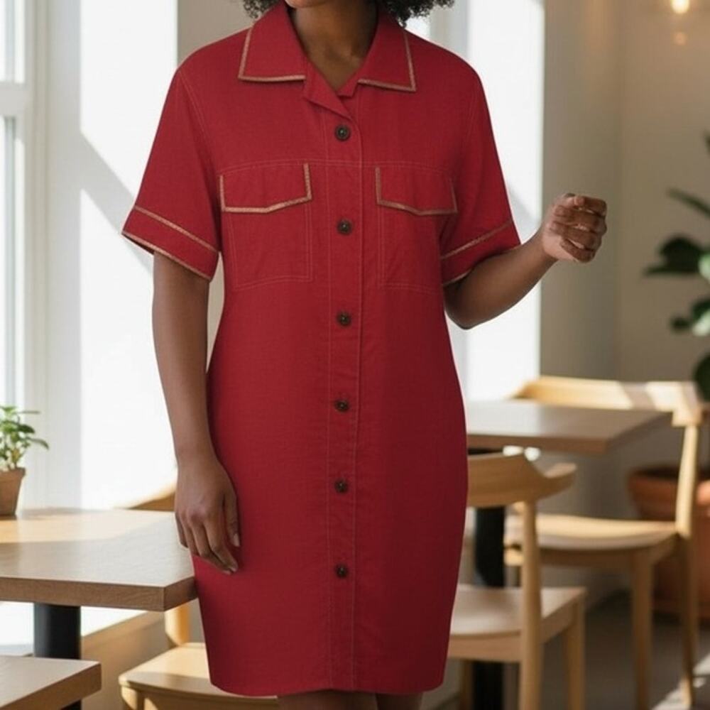 Vintage David Warren Size 8 Linen Blend Red Metallic Gold Button Up Shirt Dress